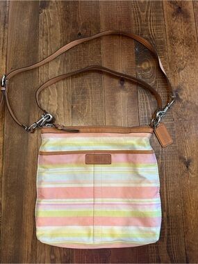 Coach Pink, Yellow and Cream Striped Canvas Crossbody